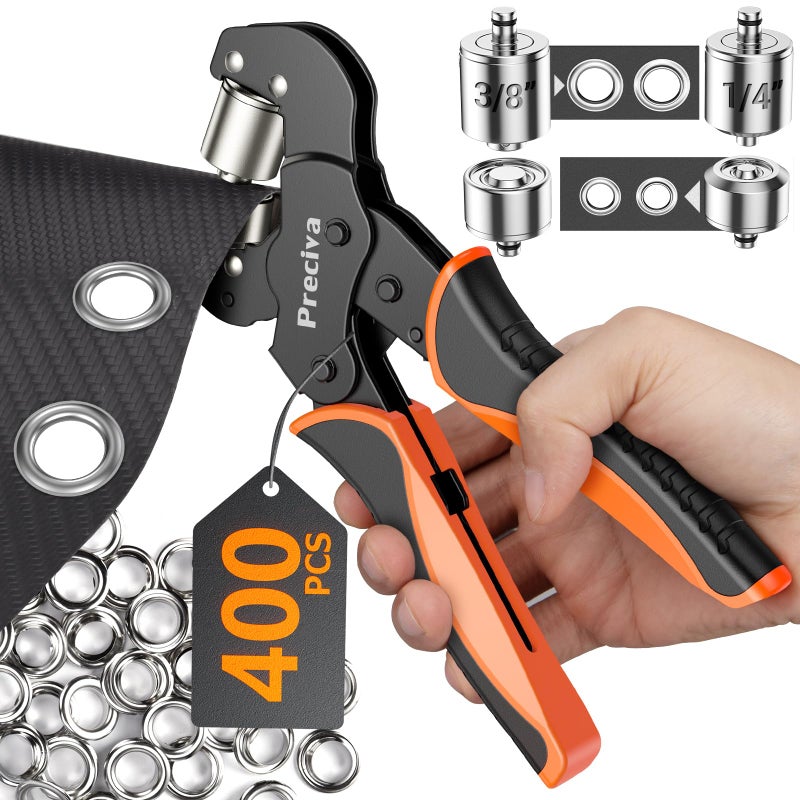 Preciva Grommet Tool Kit of 3/8"" and 1/4""  Preciva ?????????????????????????????? ???????????? ???????? Handheld Grommet kit with 400pcs Silver Grommets for Advertising Poster  Banner  Ponchos  Cardboard - Image 1